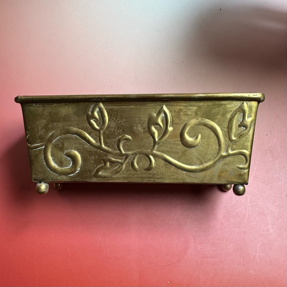 Vintage Patina Hosley Brass footed Planter embossed vine design.